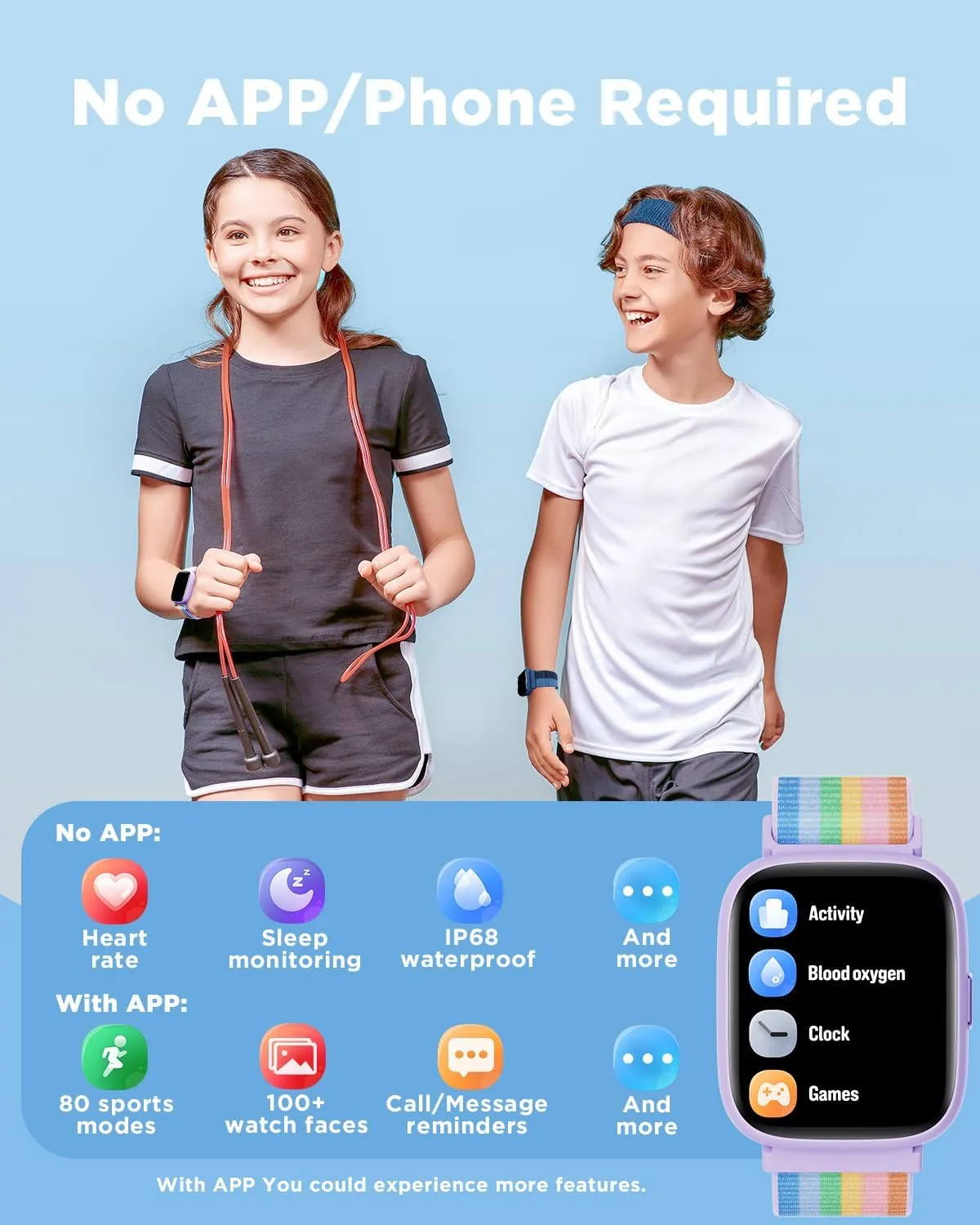 BIGGERFIVE Smart Watch for Kids, 1.8" Fitness Tracker Watch Pedometer, Heart Rate, IP68 Waterproof, Sleep Monitor, Calorie Step Counter, 5 Puzzle Games with/Without APP for Girls Teens 5-16, Nylon