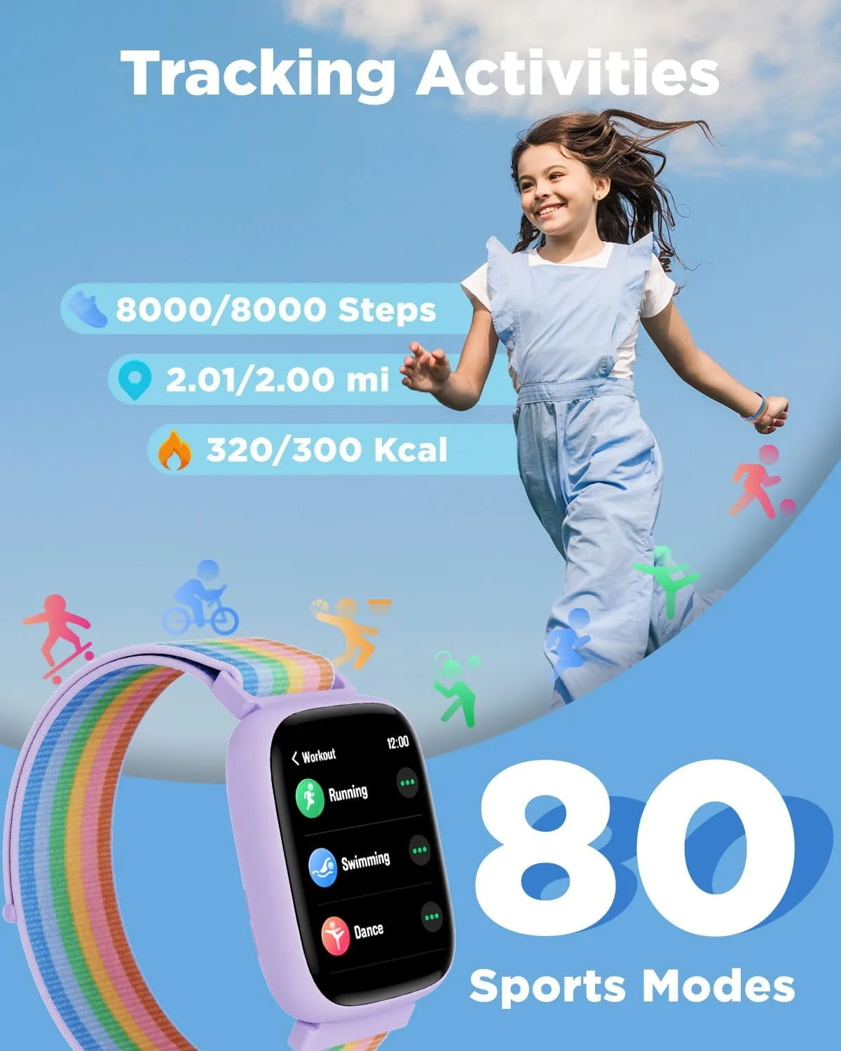 BIGGERFIVE Smart Watch for Kids, 1.8" Fitness Tracker Watch Pedometer, Heart Rate, IP68 Waterproof, Sleep Monitor, Calorie Step Counter, 5 Puzzle Games with/Without APP for Girls Teens 5-16, Nylon