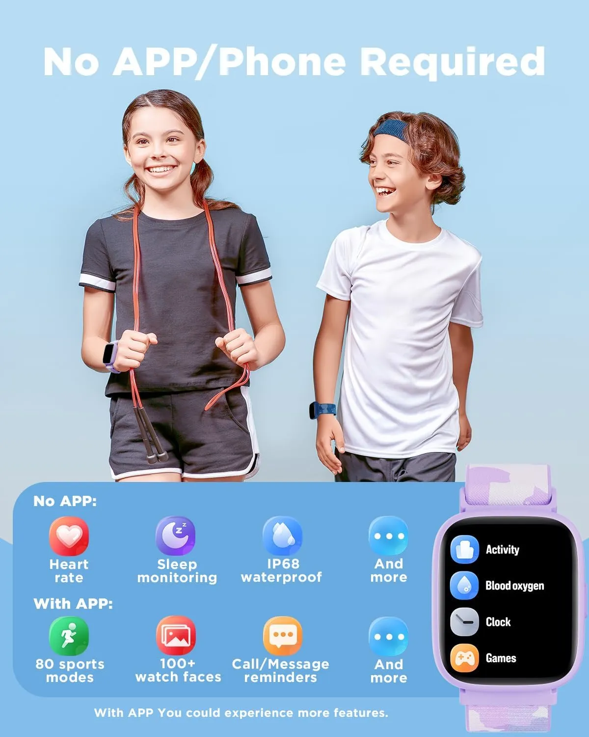 BIGGERFIVE Smart Watch for Kids, 1.8" Fitness Tracker Watch Pedometer, Heart Rate, Sleep Monitor, IP68 Waterproof, Calorie Step Counter, Puzzle Game with/Without APP for Girls Teens 5-16, 2 Straps