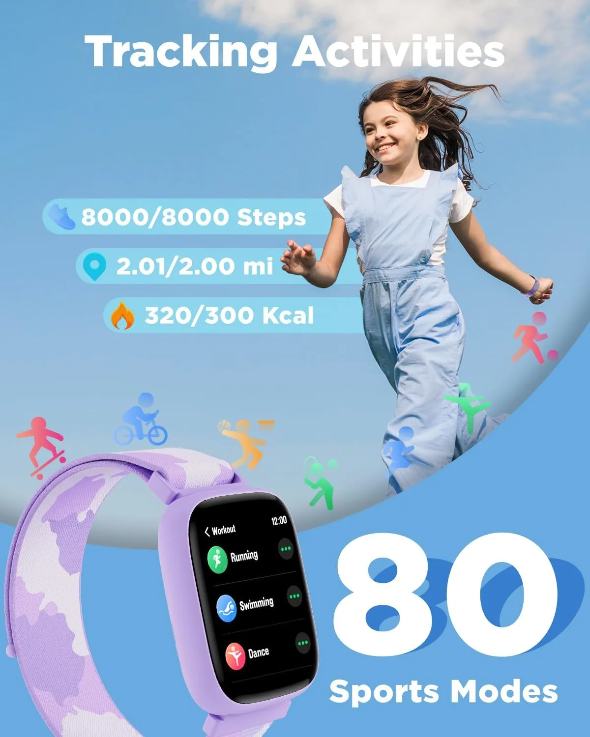 BIGGERFIVE Smart Watch for Kids, 1.8" Fitness Tracker Watch Pedometer, Heart Rate, Sleep Monitor, IP68 Waterproof, Calorie Step Counter, Puzzle Game with/Without APP for Girls Teens 5-16, 2 Straps