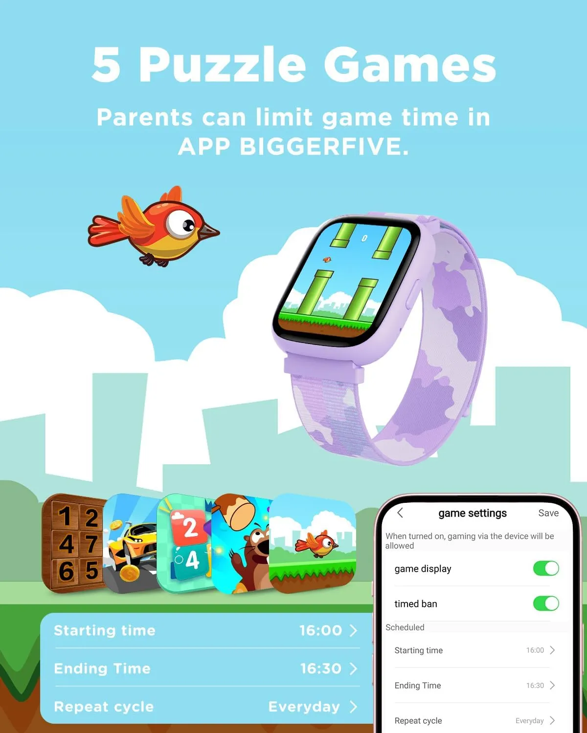 BIGGERFIVE Smart Watch for Kids, 1.8" Fitness Tracker Watch Pedometer, Heart Rate, Sleep Monitor, IP68 Waterproof, Calorie Step Counter, Puzzle Game with/Without APP for Girls Teens 5-16, 2 Straps