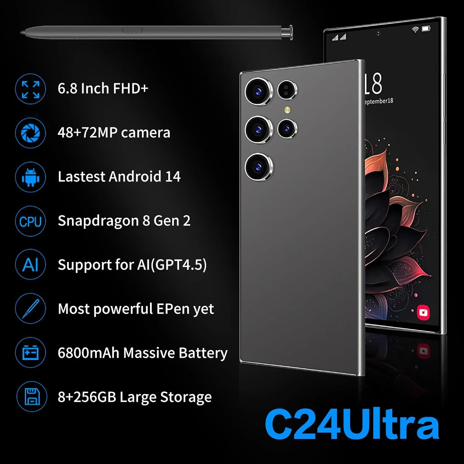 C24 Ultra Cell Phones, 8GB 256GB Unlocked Android 14 Phones, 6.8" HD 120Hz Screen Smartphone Unlocked, Snapdragon CPU 6800mAh Battery/Face ID/GPS/5G Dual SIM Phone (Purple)