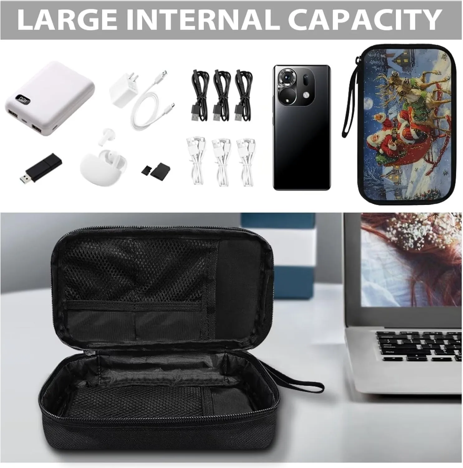 Christmas Santa Claus Print Digital Organizing Bag Multifunctional Charger Storage Bag Earphone Storage Bag Travel Portable Storage Bag for USB Data Cable SD Card Charging Head Storage Bag