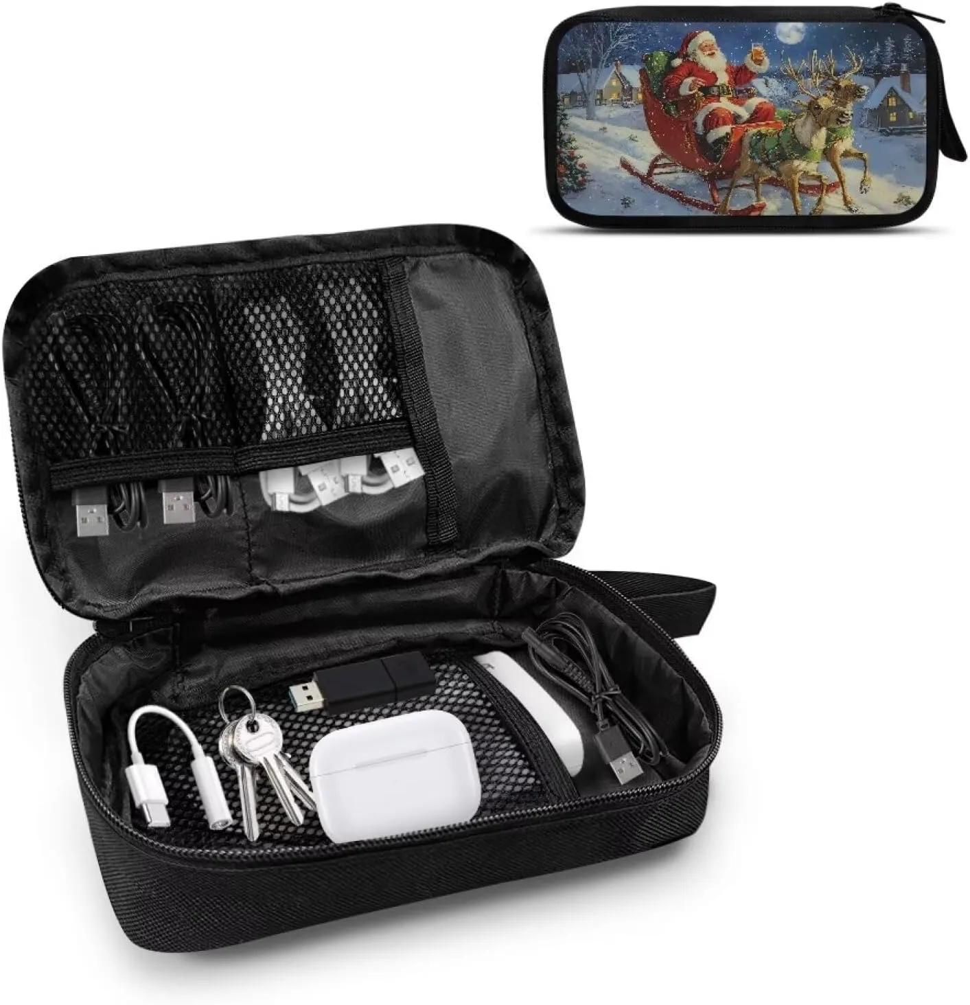 Christmas Santa Claus Print Digital Organizing Bag Multifunctional Charger Storage Bag Earphone Storage Bag Travel Portable Storage Bag for USB Data Cable SD Card Charging Head Storage Bag