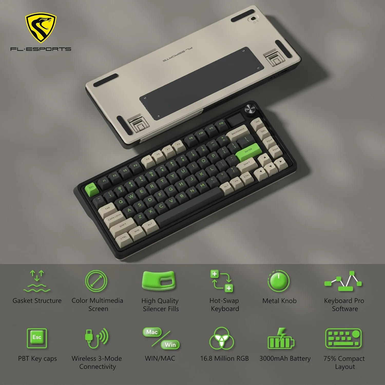 CMK 75% Wireless Gaming Keyboard with TFT Screen and Knob - 3-Modes Compact, Hot-Swap, RGB Creamy Gasket, PBT Keycaps for PC/Tablet/PS/Xbox (Black)