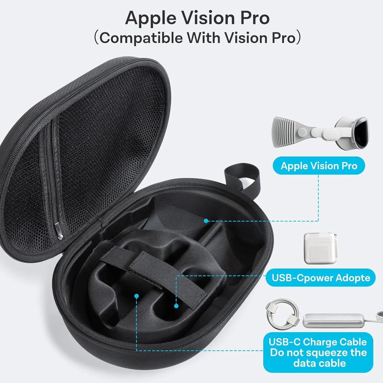 CoBak Hard Carrying Case for Vision Pro - Compact Design, Multiple Compartments for Apple VR Headset and Accessories, Travel with Protection, Black