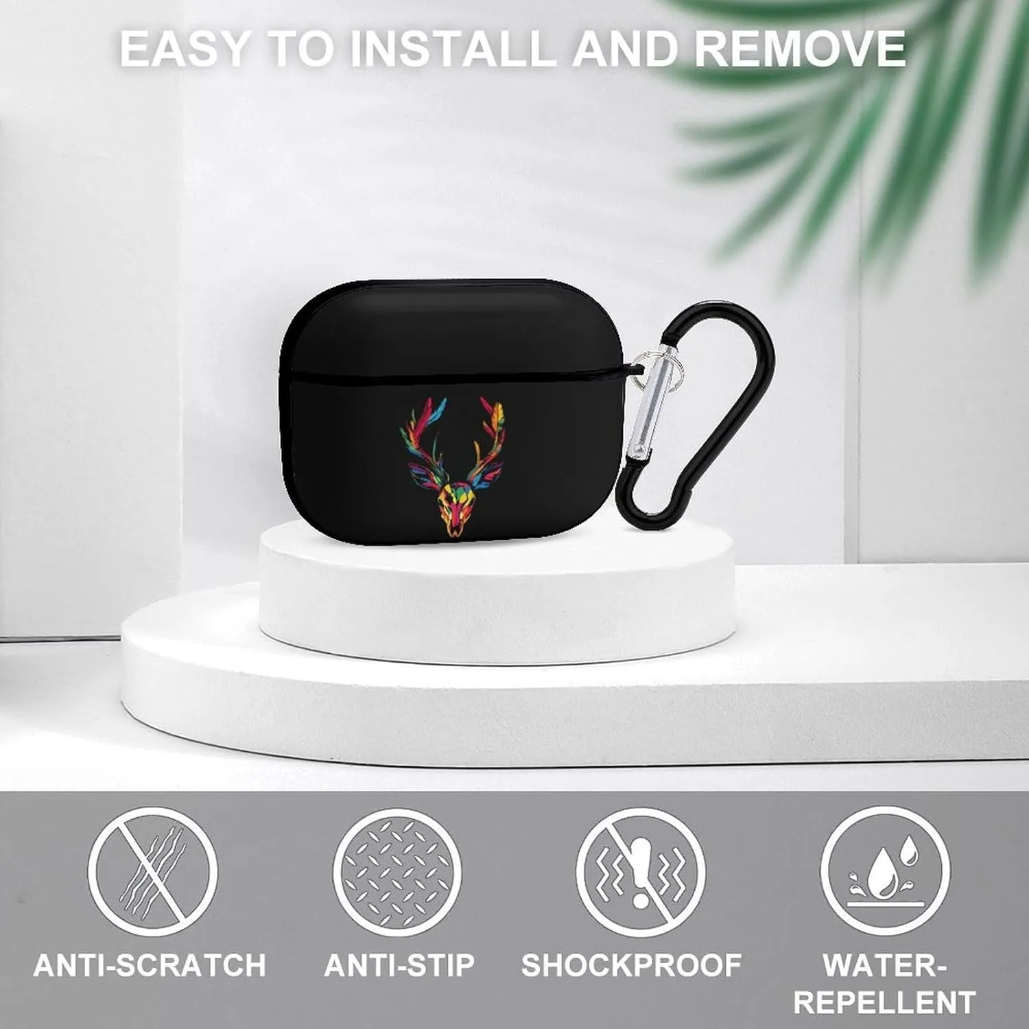 Colorful Deer Head Skull Earbud Case Bluetooth Headphone Case Full Protective Case with Keychain Compatible with Airpods Pro Black-Style