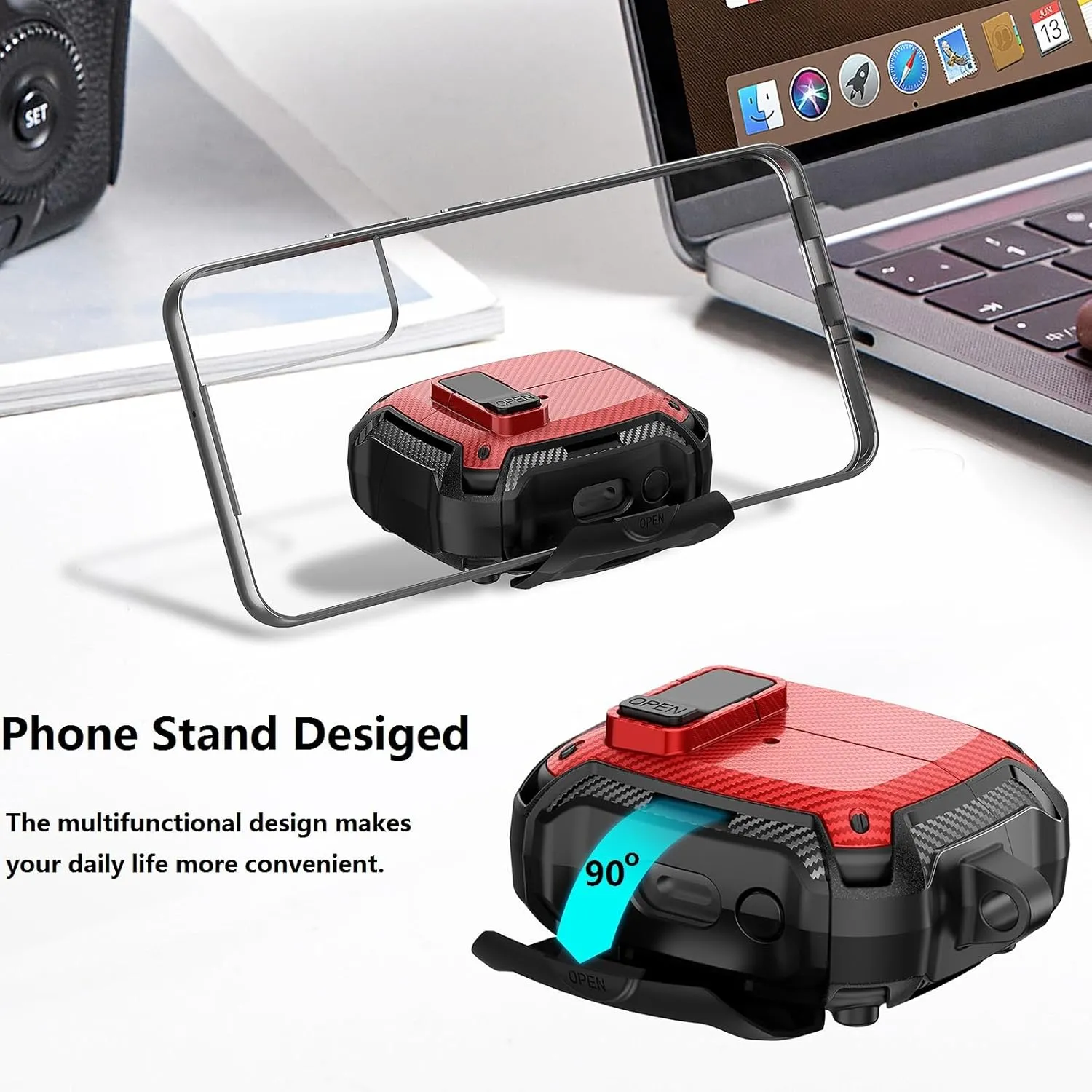 Compatible with Samsung Galaxy Buds 3 Pro Case/Bud 3 Cover Clip with Phone Stand, Secure Lock Protective Case & Cleaning Kit for Galaxy Buds 3 Pro 2024 Men Women Red