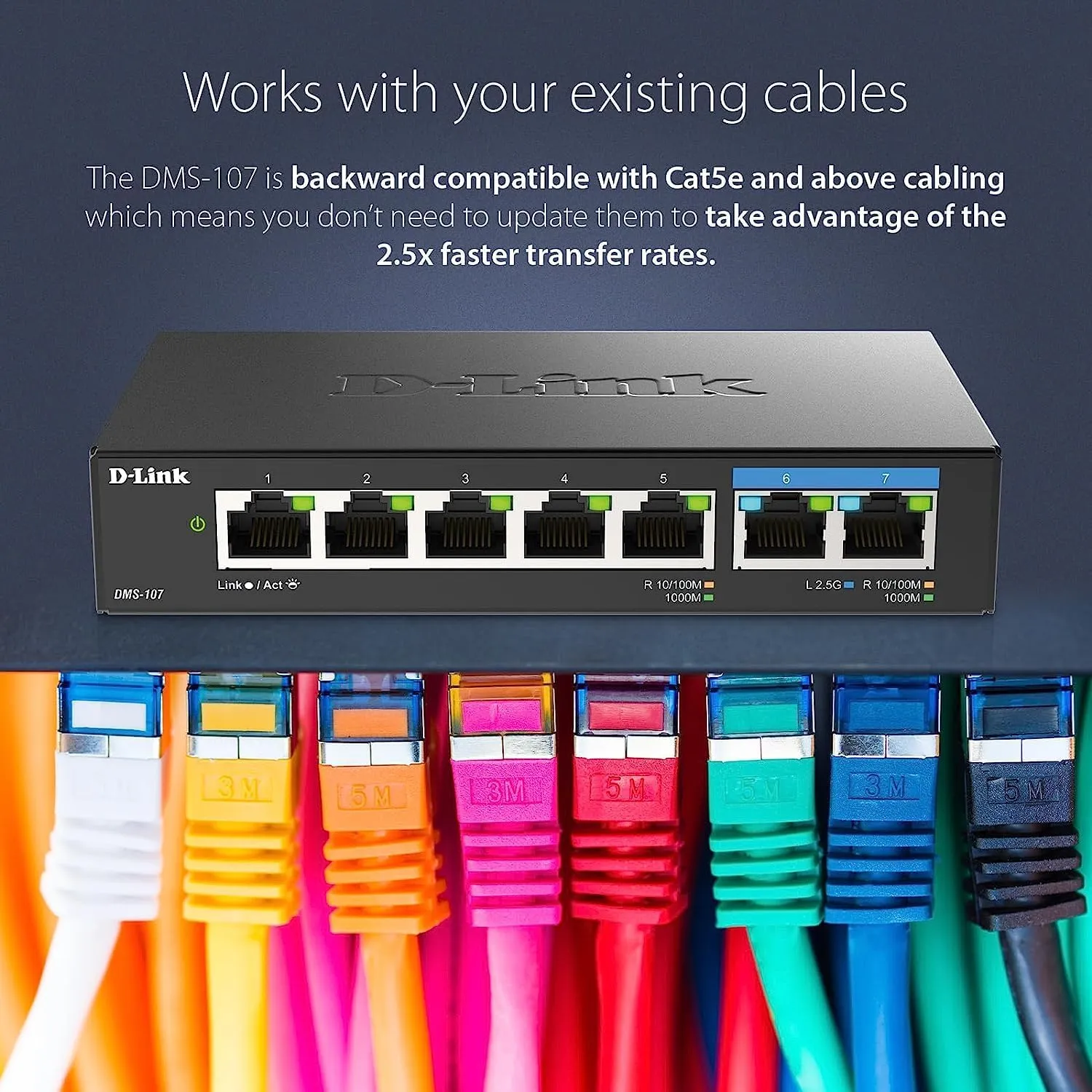 D-Link 7-Port 2.5GB Unmanaged Gaming Switch with 2 x 2.5G, 5 x 10/100/1000 Mbps - Multi-Gig, Network, Fanless, Plug & Play (DMS-107) Black