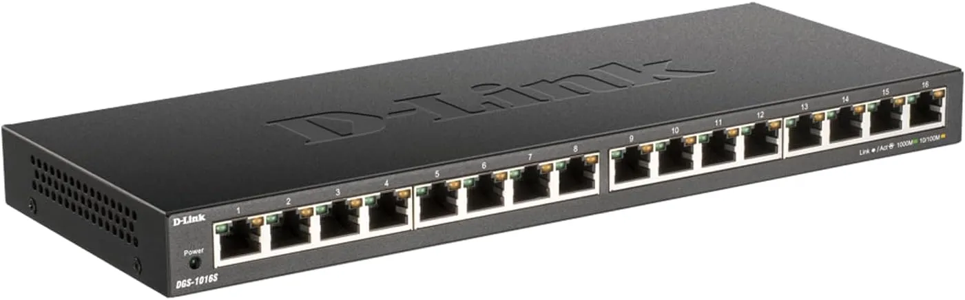 D-Link Ethernet Switch, 16 Port Gigabit Slim Switch Plug and Play, Unmanaged, Metal Housing, Quiet Fanless Design, IEEE 802.3az EEE, 5-Year Limited Warranty (DGS-1016S) Black