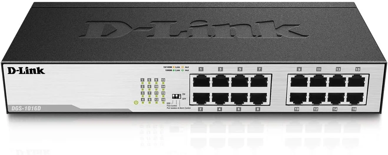 D-Link Ethernet Switch, 16 Port Gigabit Unmanaged Fanless Network Hub Desktop or Rack Mountable (DGS-1016D)