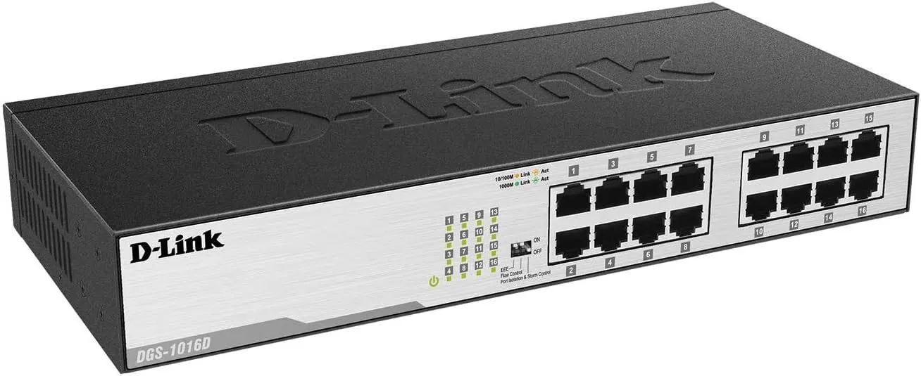 D-Link Ethernet Switch, 16 Port Gigabit Unmanaged Fanless Network Hub Desktop or Rack Mountable (DGS-1016D)