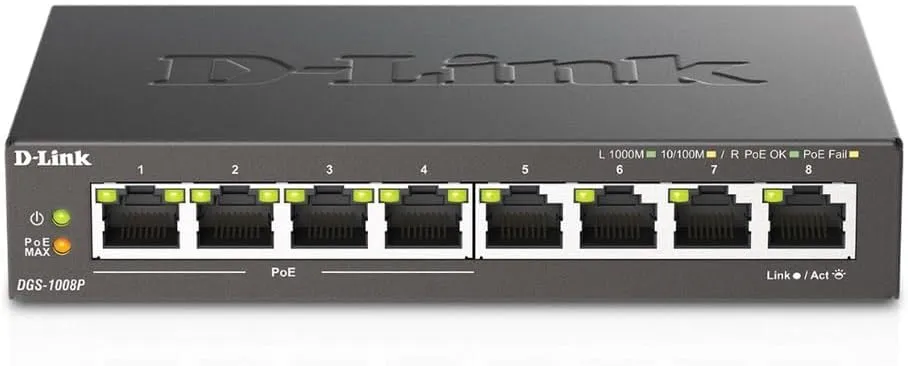 D-Link PoE Switch, 8 Port Ethernet Gigabit Unmanaged Desktop Switch with 4 PoE Ports 68W Budget (DGS-1008P),Black