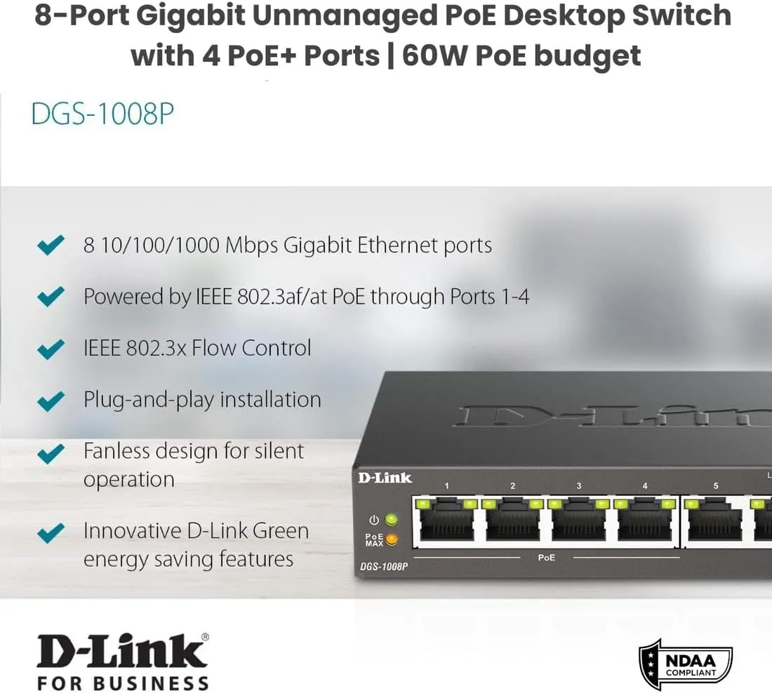 D-Link PoE Switch, 8 Port Ethernet Gigabit Unmanaged Desktop Switch with 4 PoE Ports 68W Budget (DGS-1008P),Black