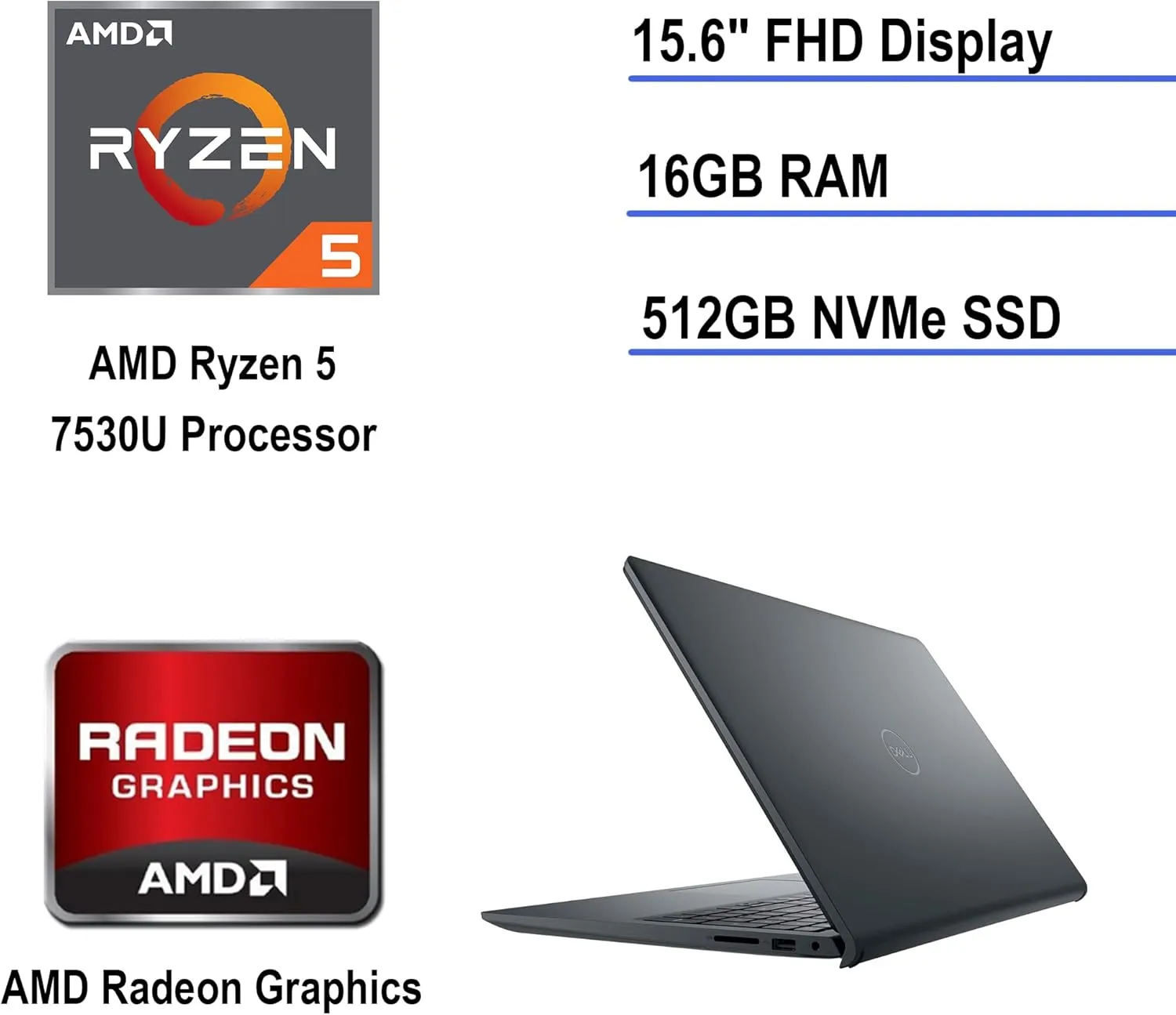 Dell Inspiron 15 3535 15.6" Touch Screen FHD Business Laptop, AMD Ryzen 5 7530U Processor (Beats i7-1165G7) 16GB RAM 512GB PCIe SSD USB-C,WI-FI, Bluetooth, HDMI, Win11 Carbon Black (Renewed)