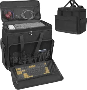 Double-Layer Desktop PC Tower Carrying Case, Travel Storage Bag for Computer Chassis, Keyboard, Mouse, Cables, and Accessories, Bag Only, Black