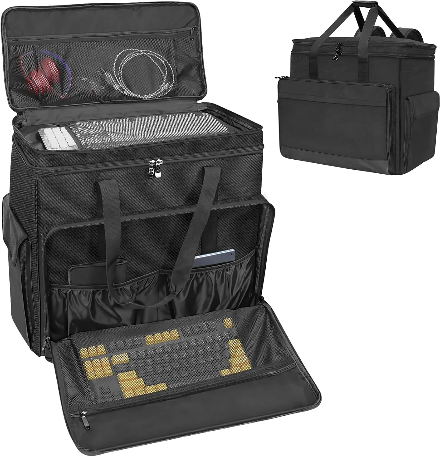 Double-Layer Desktop PC Tower Carrying Case, Travel Storage Bag for Computer Chassis, Keyboard, Mouse, Cables, and Accessories, Bag Only, Black