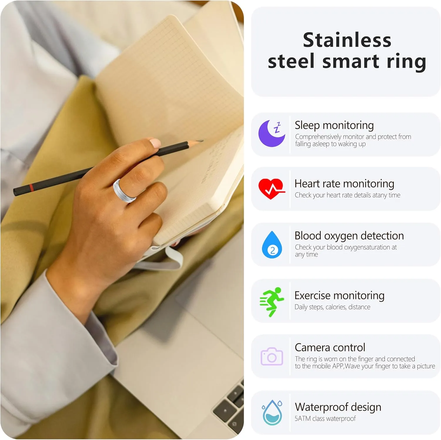 Fitness Tracker Smart Ring for Women & Men,Step Counter,Heart Rate Monitor Blood Oxygen Sleep Tracker, 5-7 Days Battery Life, Compatible with iOS & Android (Silver, 10)