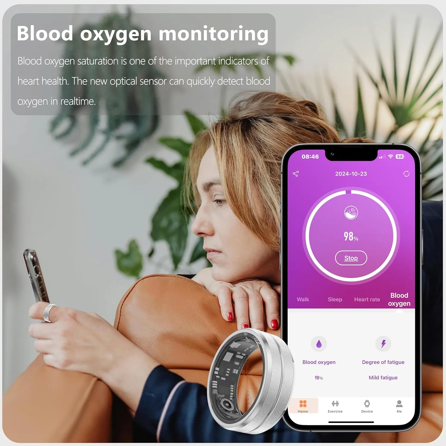 Fitness Tracker Smart Ring for Women & Men,Step Counter,Heart Rate Monitor Blood Oxygen Sleep Tracker, 5-7 Days Battery Life, Compatible with iOS & Android (Silver, 10)