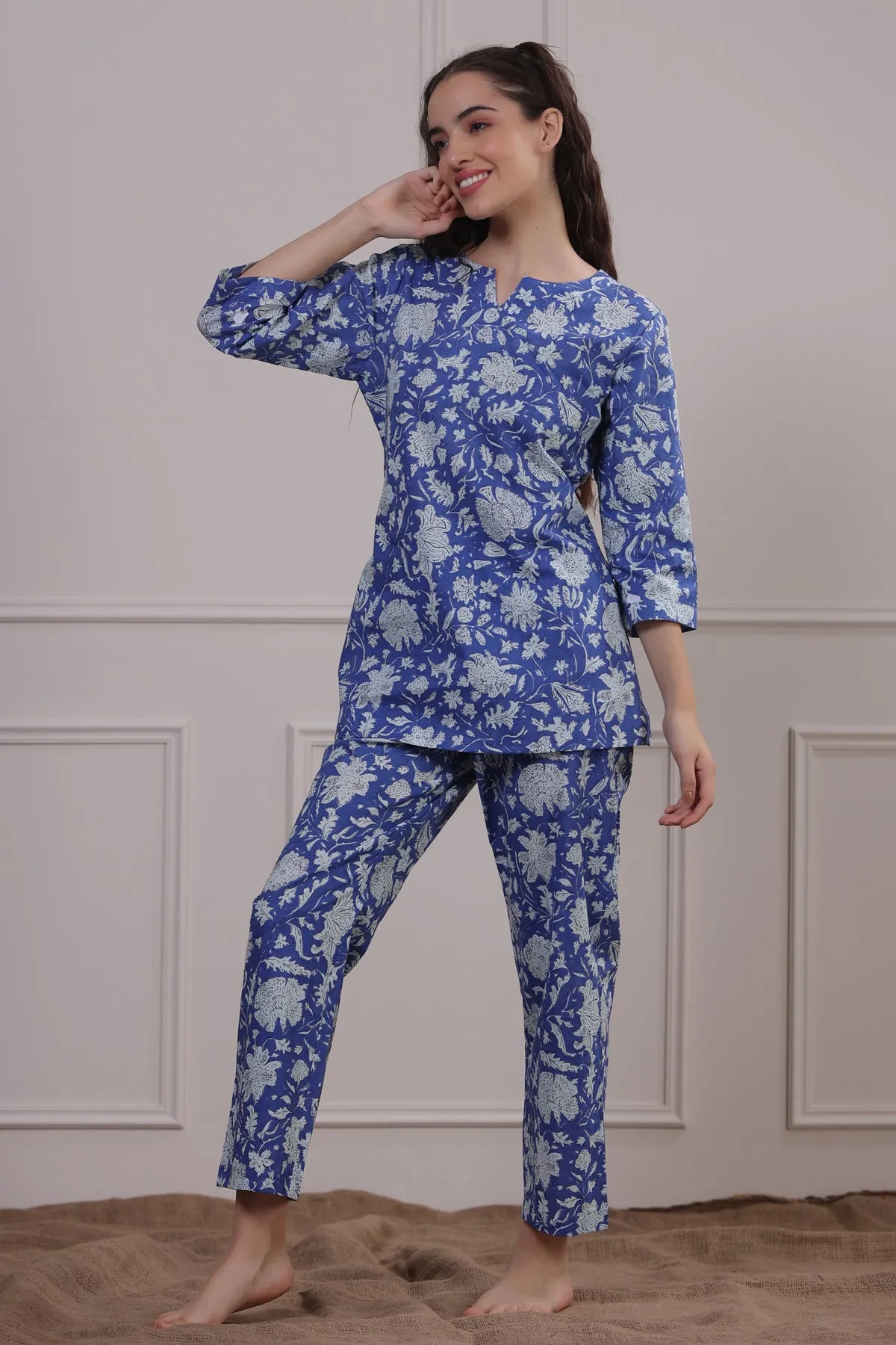 Floral Jaal On Blue Loungewear Top Set