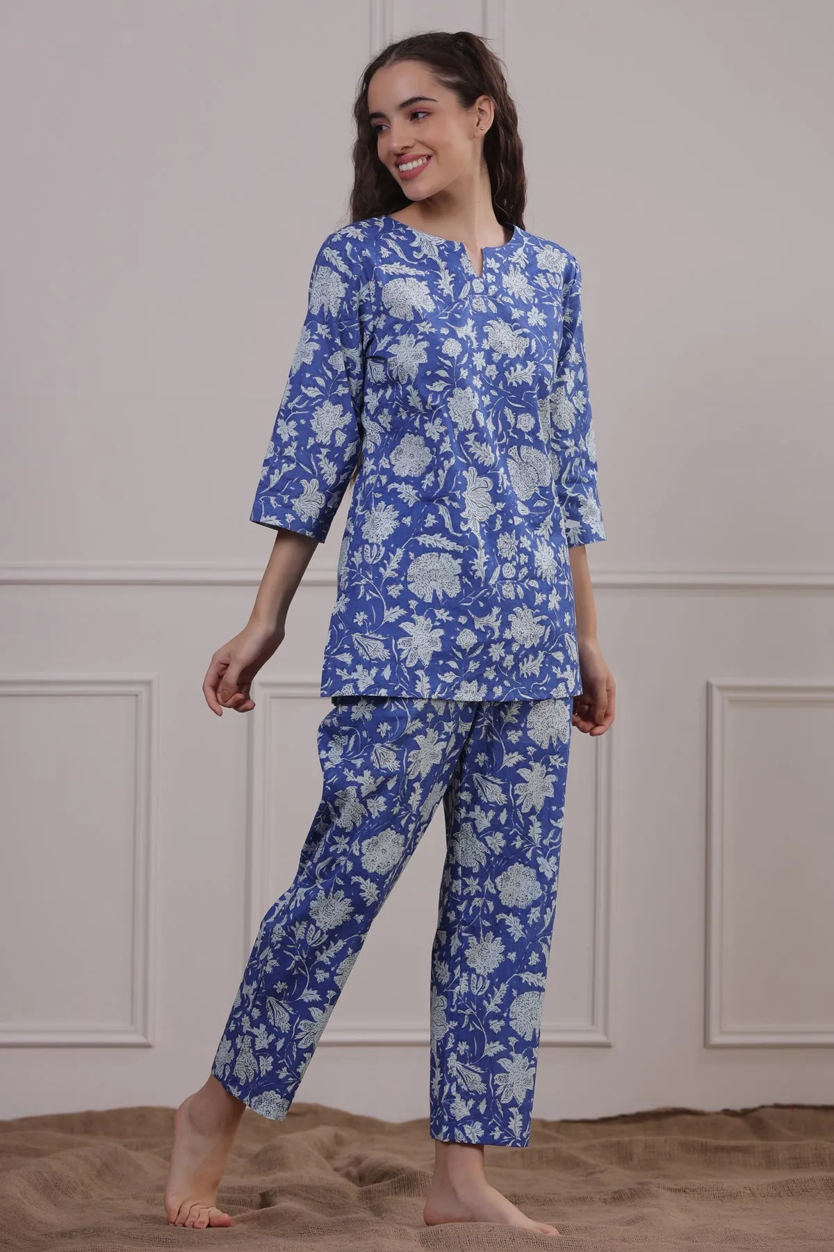 Floral Jaal On Blue Loungewear Top Set