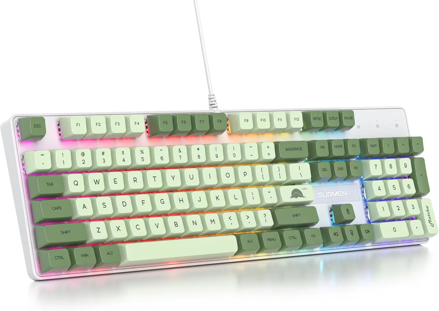 Fogruaden Mechanical Keyboard, Green Matcha, Wired USB 104 Key RGB Backlit Gaming Keyboard with Number Pad, Red Switches, NKRO for Windows Laptop PC Gamer