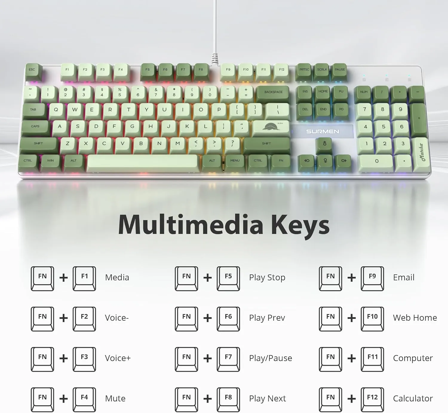 Fogruaden Mechanical Keyboard, Green Matcha, Wired USB 104 Key RGB Backlit Gaming Keyboard with Number Pad, Red Switches, NKRO for Windows Laptop PC Gamer