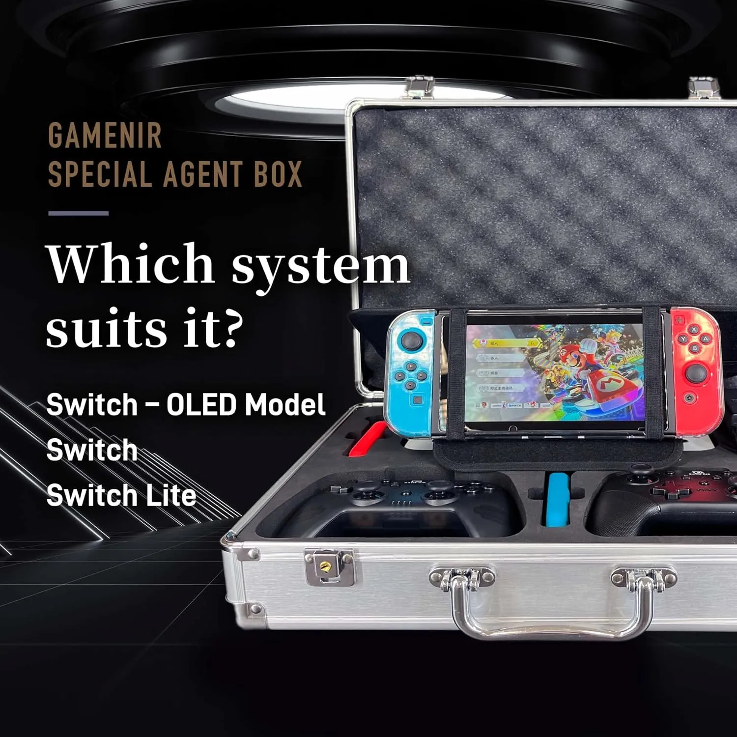 GAMENIR SPECIAL AGENT BOX SENIOR for Nintendo Switch OLED, Lite, Anti-riot, Lockable, Fully Equipped Storage, hard carrying case, storage stand, Storage Case Large, Switch console, BLACK