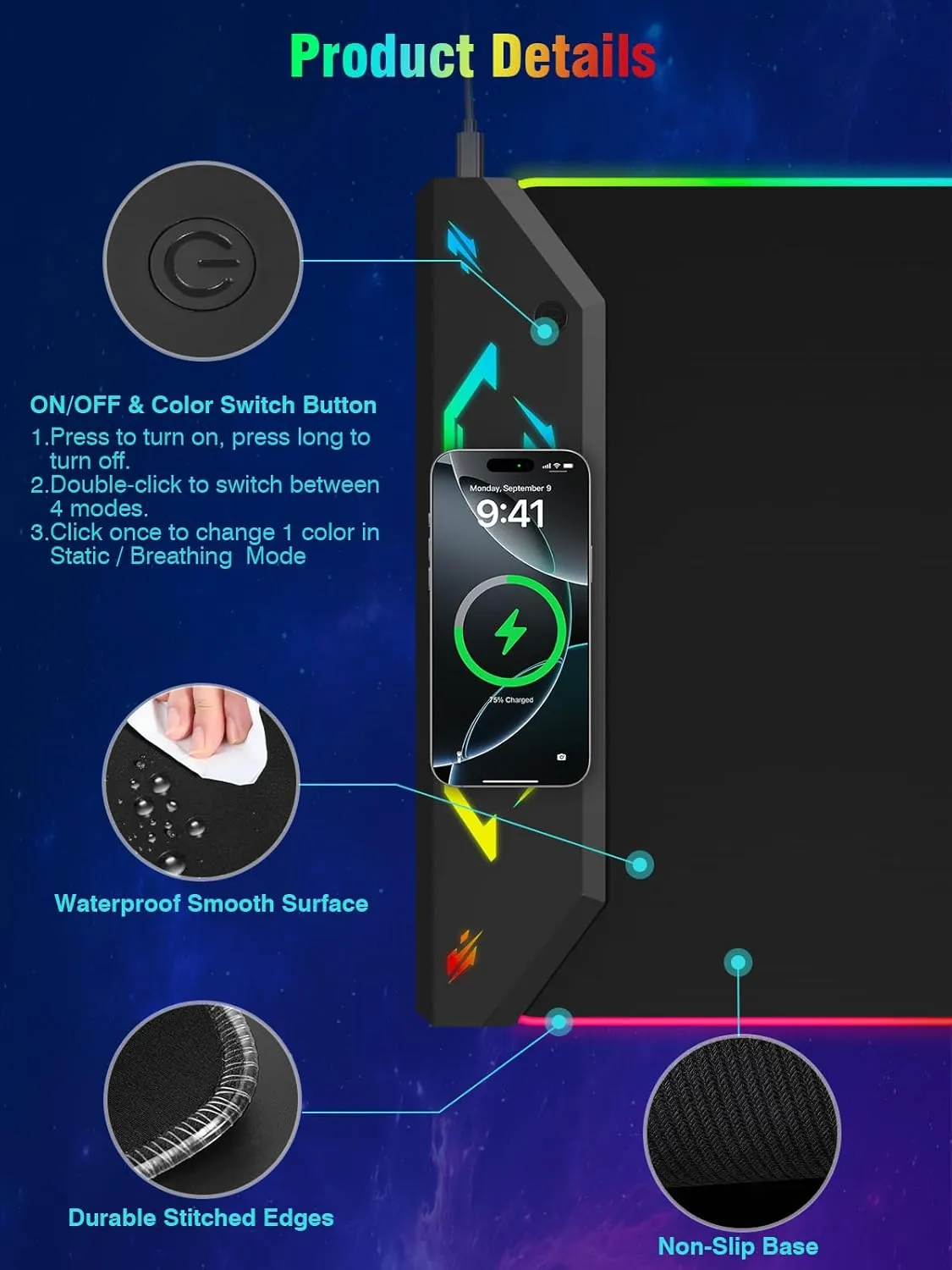 Gaming Mouse Pad, Magnetic Wireless Charging Mouse Pad Gaming, 35"x15.8" Large RGB Desk Mat for Laptop/Keyboard, 24 Light Effects, Non-Slip Base, Waterproof Ultra-Smooth Surface, with Adapter, Black