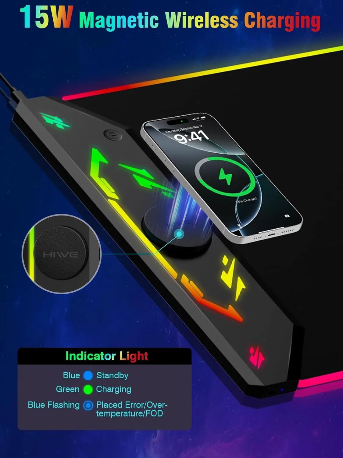 Gaming Mouse Pad, Magnetic Wireless Charging Mouse Pad Gaming, 35"x15.8" Large RGB Desk Mat for Laptop/Keyboard, 24 Light Effects, Non-Slip Base, Waterproof Ultra-Smooth Surface, with Adapter, Black