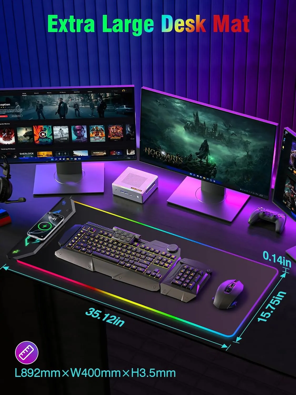 Gaming Mouse Pad, Magnetic Wireless Charging Mouse Pad Gaming, 35"x15.8" Large RGB Desk Mat for Laptop/Keyboard, 24 Light Effects, Non-Slip Base, Waterproof Ultra-Smooth Surface, with Adapter, Black