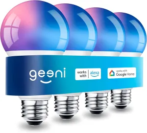 Geeni Smart Light Bulbs - Color Changing & Tunable White, Dimmable, Works with Alexa & Google Home, 2.4 GHz WiFi, A19, 800 lm, 4 Pack