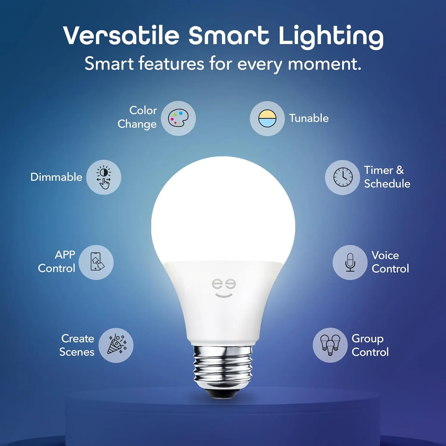 Geeni Smart Light Bulbs - Color Changing & Tunable White, Dimmable, Works with Alexa & Google Home, 2.4 GHz WiFi, A19, 800 lm, 4 Pack