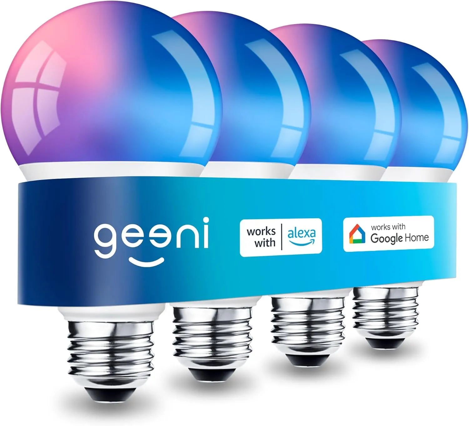 Geeni Smart Light Bulbs - Color Changing & Tunable White, Dimmable, Works with Alexa & Google Home, 2.4 GHz WiFi, A19, 800 lm, 4 Pack
