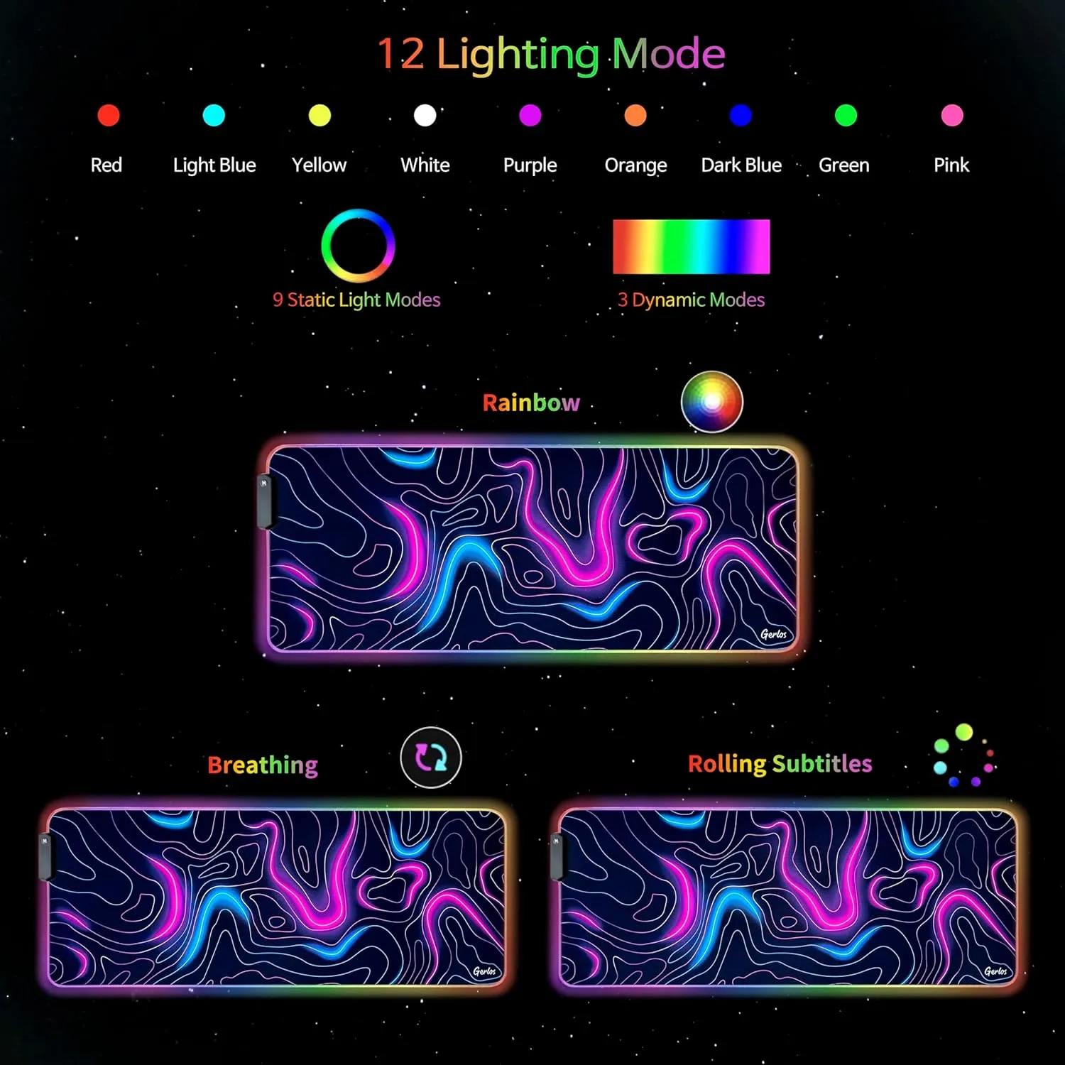 Gerlos RGB Large Gaming Mouse Pad, Extended Soft LED Mouse Pad, Non-Slip Rubber Base, Water Resist Keyboard Pad, Computer Mousepad 31.511.8 inches