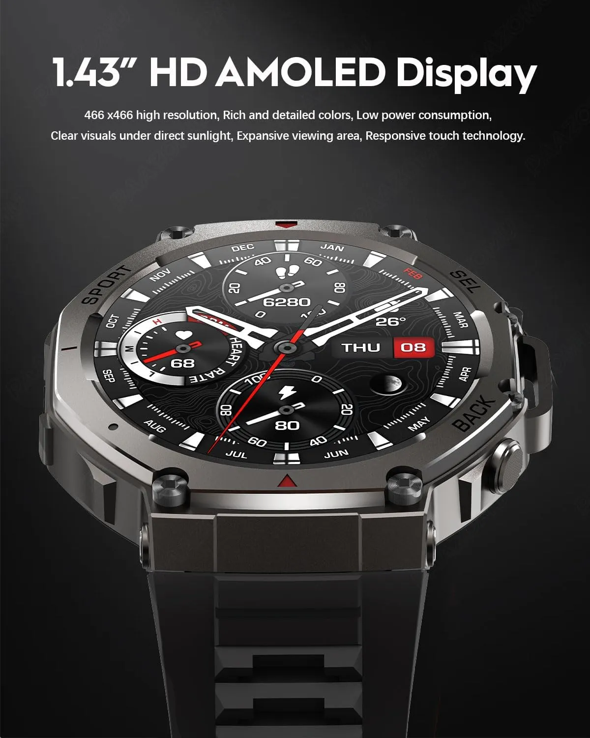 GPS Smartwatch  50M Waterproof Outdoor Sports Watch with AMOLED Display, Heart Rate Monitor, 170  Sports Modes, Compass, 500mAh Battery (Black)