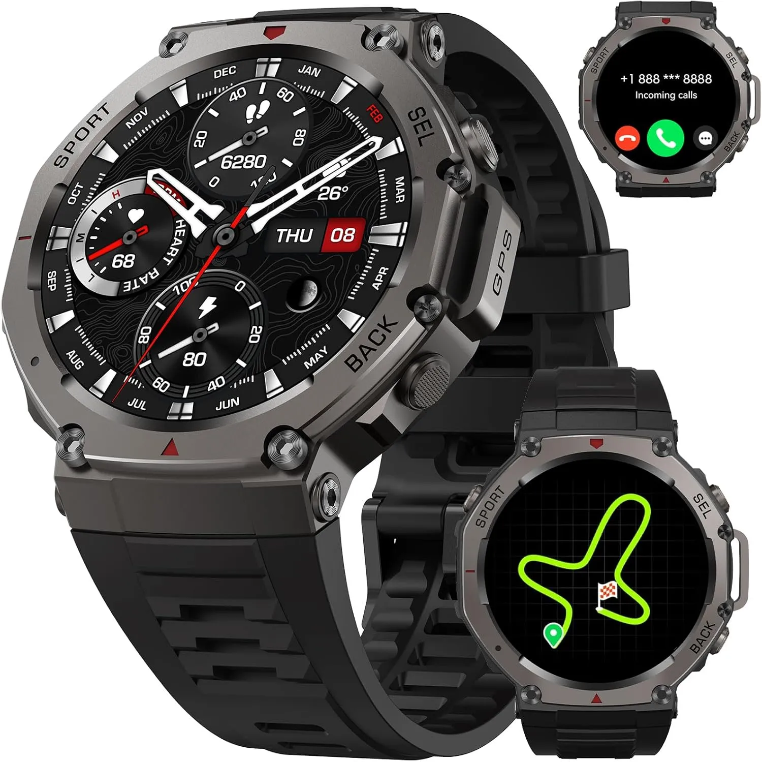 GPS Smartwatch  50M Waterproof Outdoor Sports Watch with AMOLED Display, Heart Rate Monitor, 170  Sports Modes, Compass, 500mAh Battery (Black)