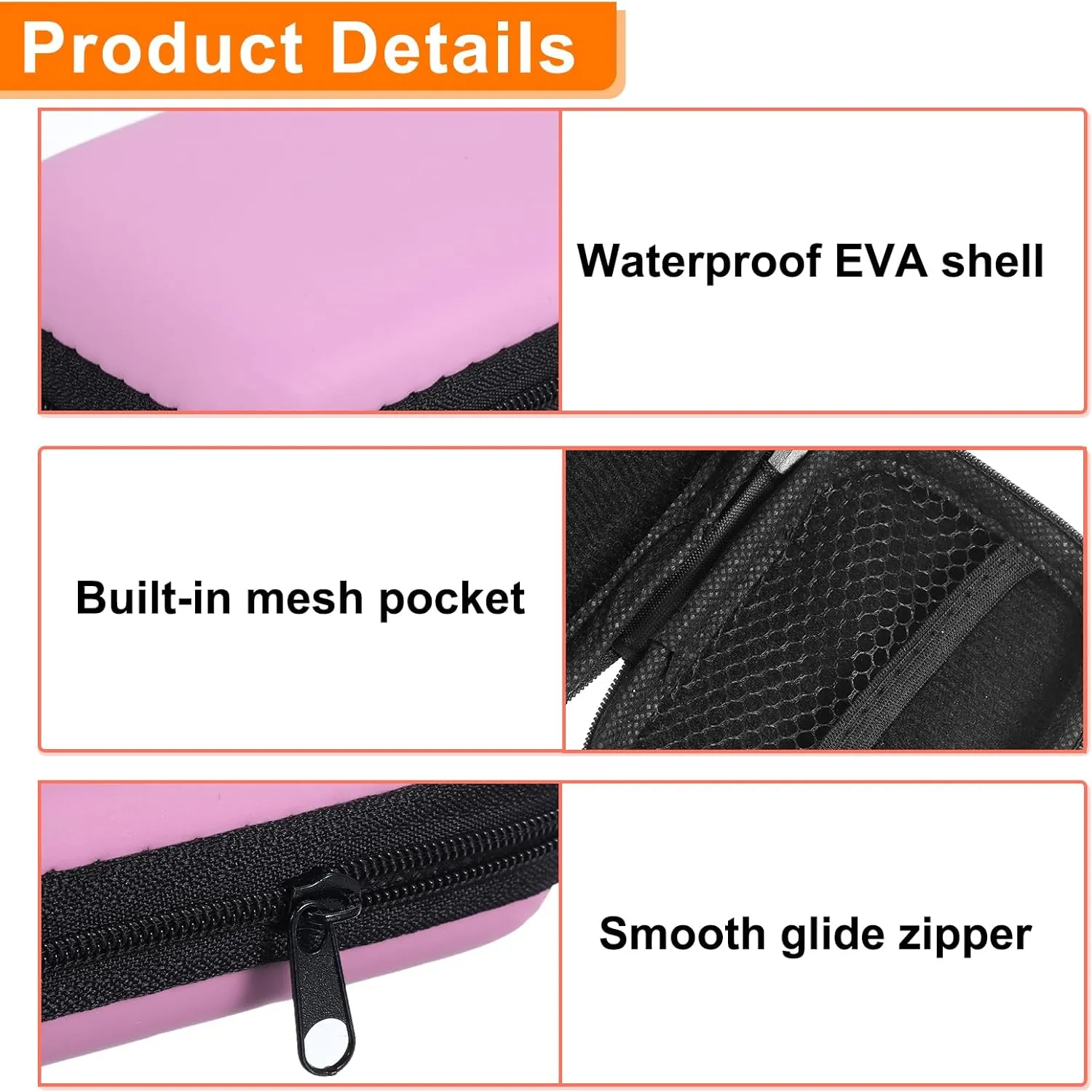 HARFINGTON Earbuds Cases, Wired Earphone Case Holder, EVA Ear Buds Case Zipper Organizer Small with Mesh Pocket for USB Cable, Earphones, Pink