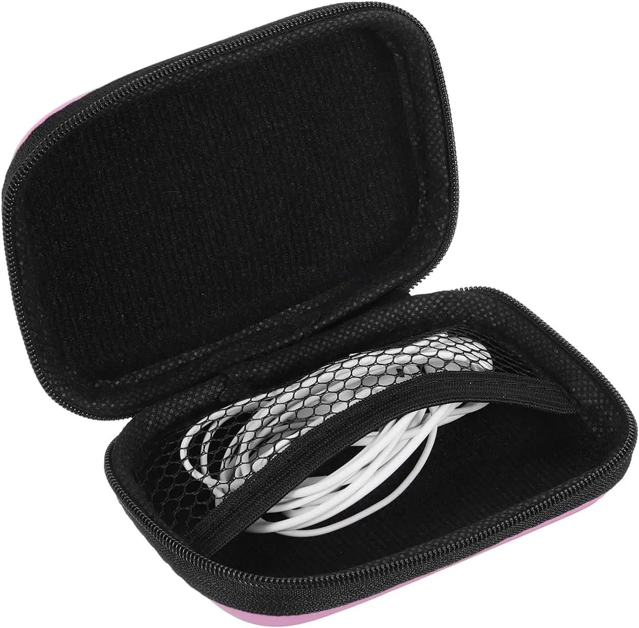 HARFINGTON Earbuds Cases, Wired Earphone Case Holder, EVA Ear Buds Case Zipper Organizer Small with Mesh Pocket for USB Cable, Earphones, Pink