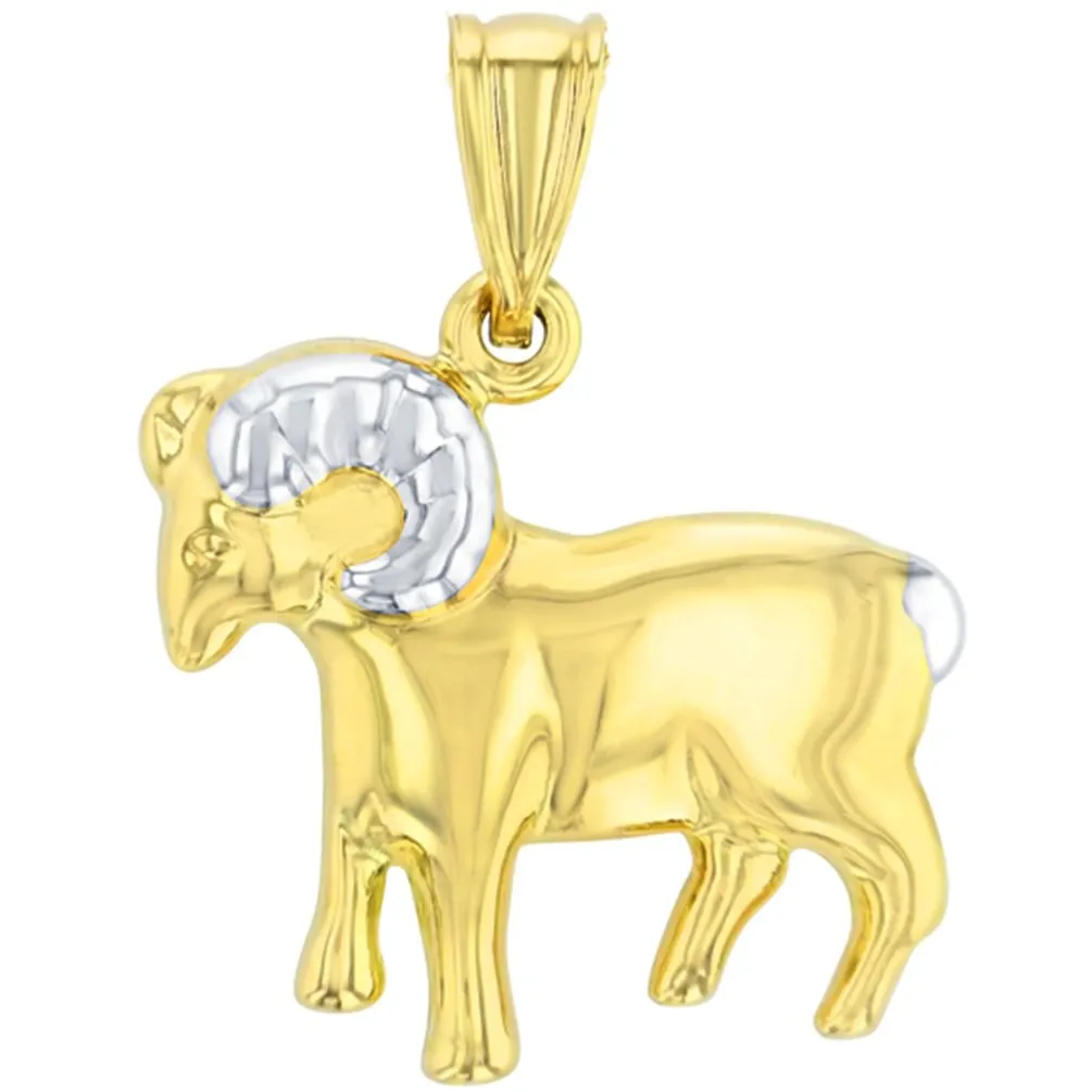 High Polish 14K Yellow Gold Aries Zodiac Sign Pendant Ram Charm Figaro Chain Necklace