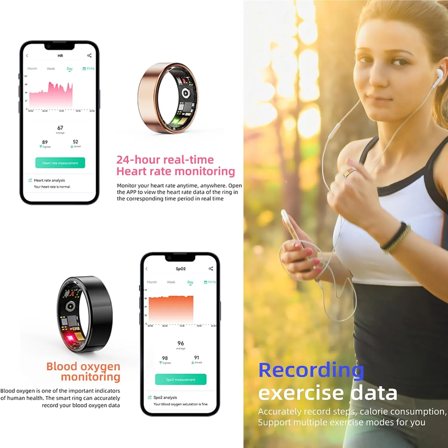 HitTopss Smart Ring, Fitness Tracking Smart Ring with Calories/Heart Rate/Blood Oxygen/Sleep Monitoring, IP68 Waterproof, No APP Subscription (Gold, Size 8)