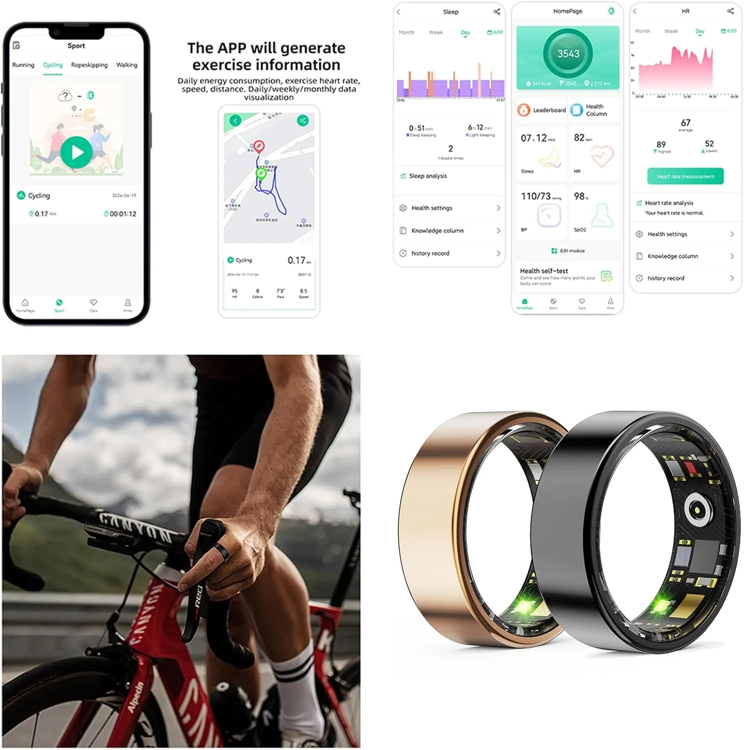 HitTopss Smart Ring, Fitness Tracking Smart Ring with Calories/Heart Rate/Blood Oxygen/Sleep Monitoring, IP68 Waterproof, No APP Subscription (Gold, Size 8)