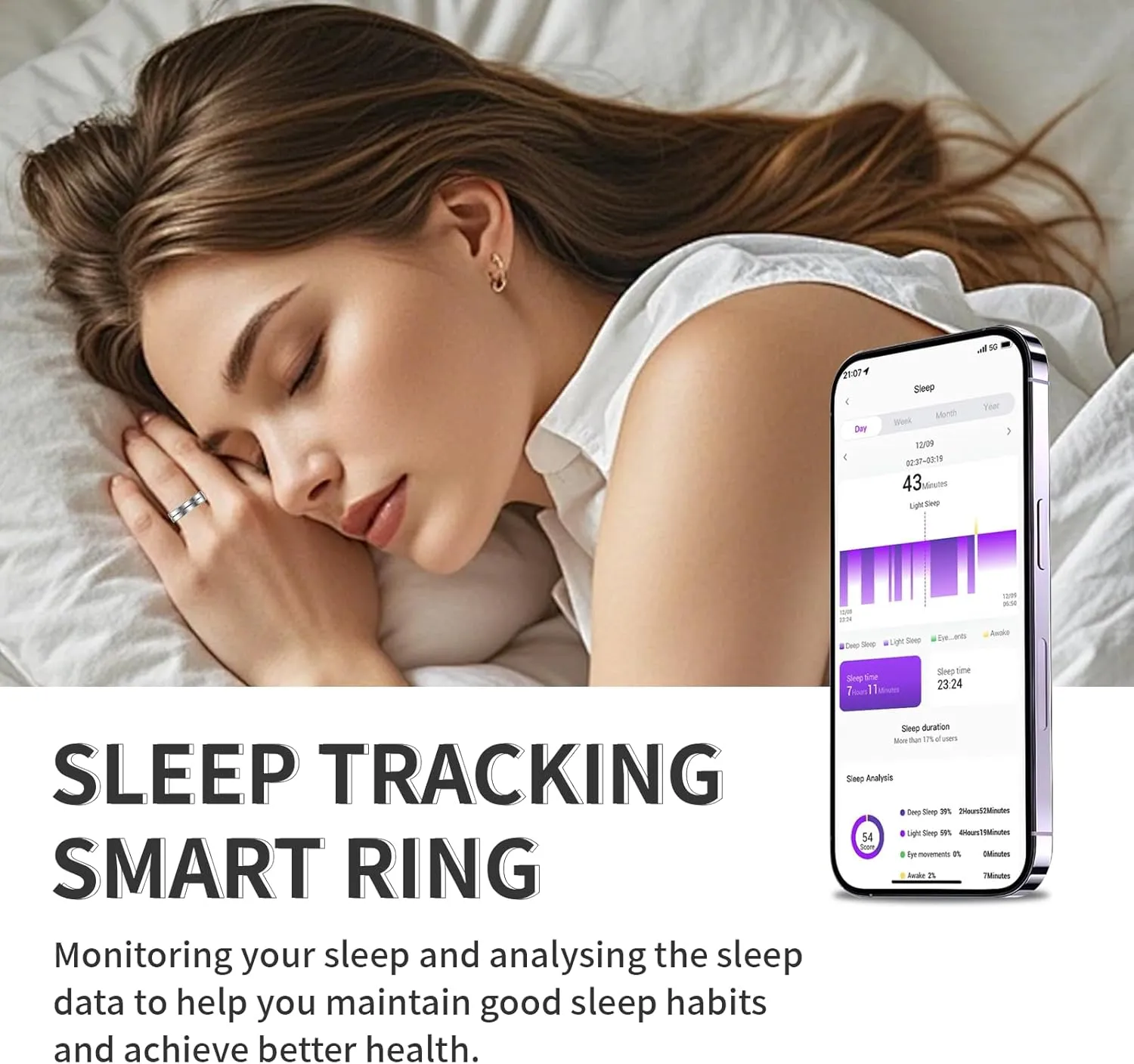 HitTopss Smart Ring, Ultra Thin Fitness Tracking Smart Ring with Calories/Heart Rate/Blood Oxygen/Sleep Monitoring, 5ATM Waterproof, No APP Subscription (Silver,Ultra Thin-8#)