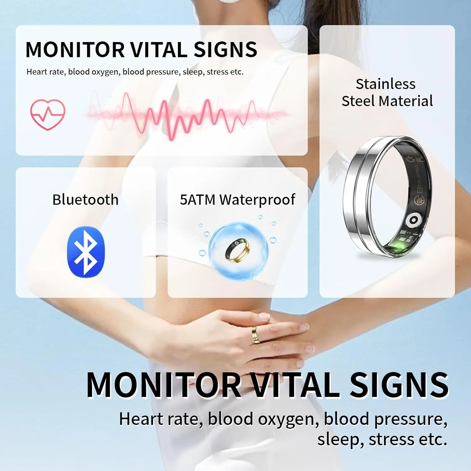 HitTopss Smart Ring, Ultra Thin Fitness Tracking Smart Ring with Calories/Heart Rate/Blood Oxygen/Sleep Monitoring, 5ATM Waterproof, No APP Subscription (Silver,Ultra Thin-8#)