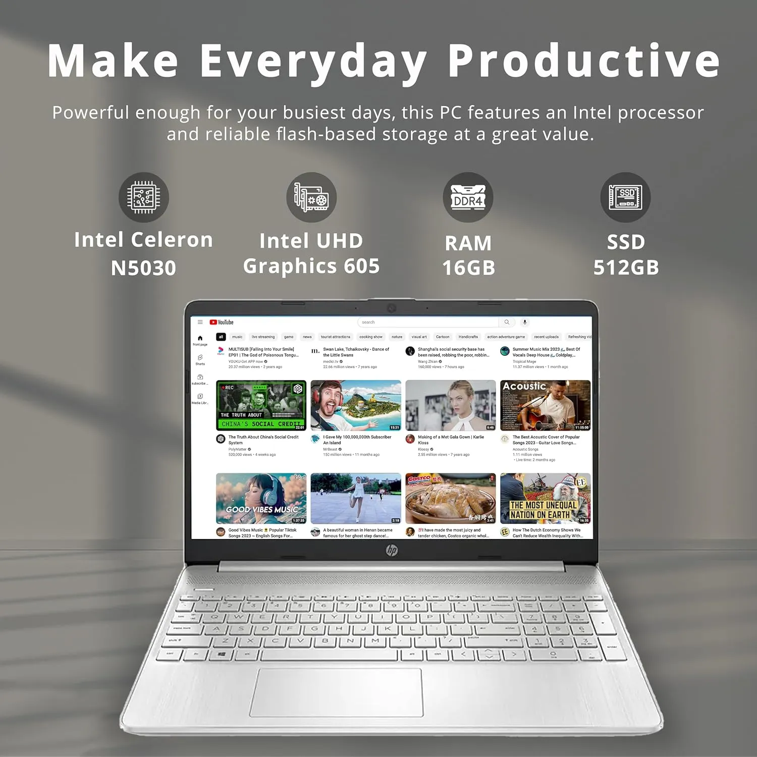 HP 15.6" HD BrightView Laptop, Intel Pentium Silver N5030 Processor,16GB RAM, 512GB PCIe SSD, Intel HD Graphics 605, 720p HD Webcam, Stereo Speakers, Silver, Windows 11 (Renewed)