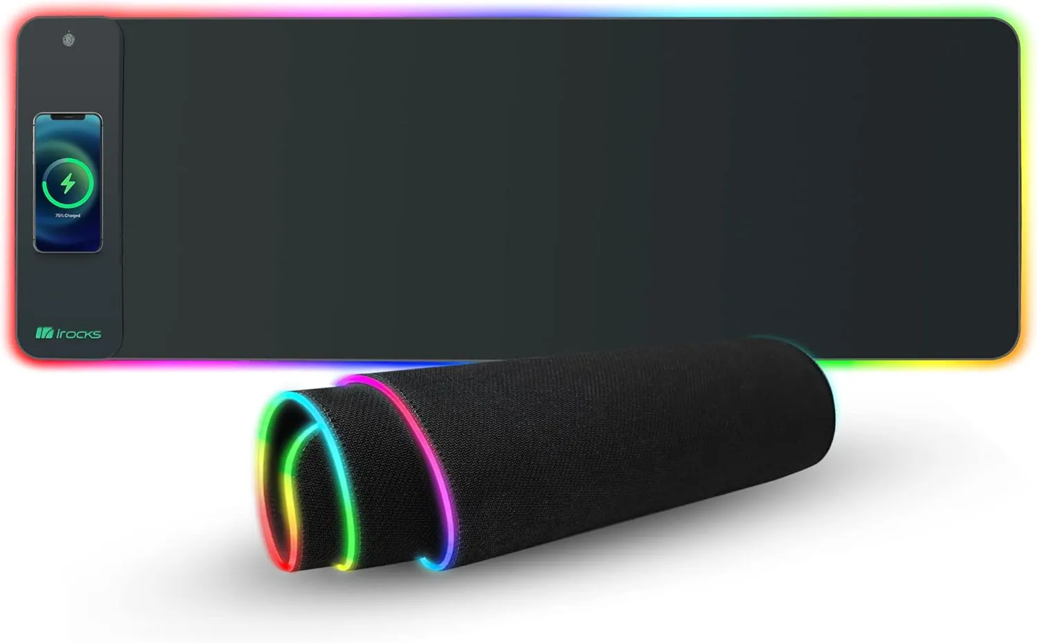 i-Rocks Extra Long RGB Gaming Mouse Pad, 10W Wireless Fast Charger, Natural Rubber Non-Slip Base, 35.4"x11.8" Desk Mat, Qi-Compatible for iPhone, Samsung, AirPods, 7 Colors & 3 RGB Effects