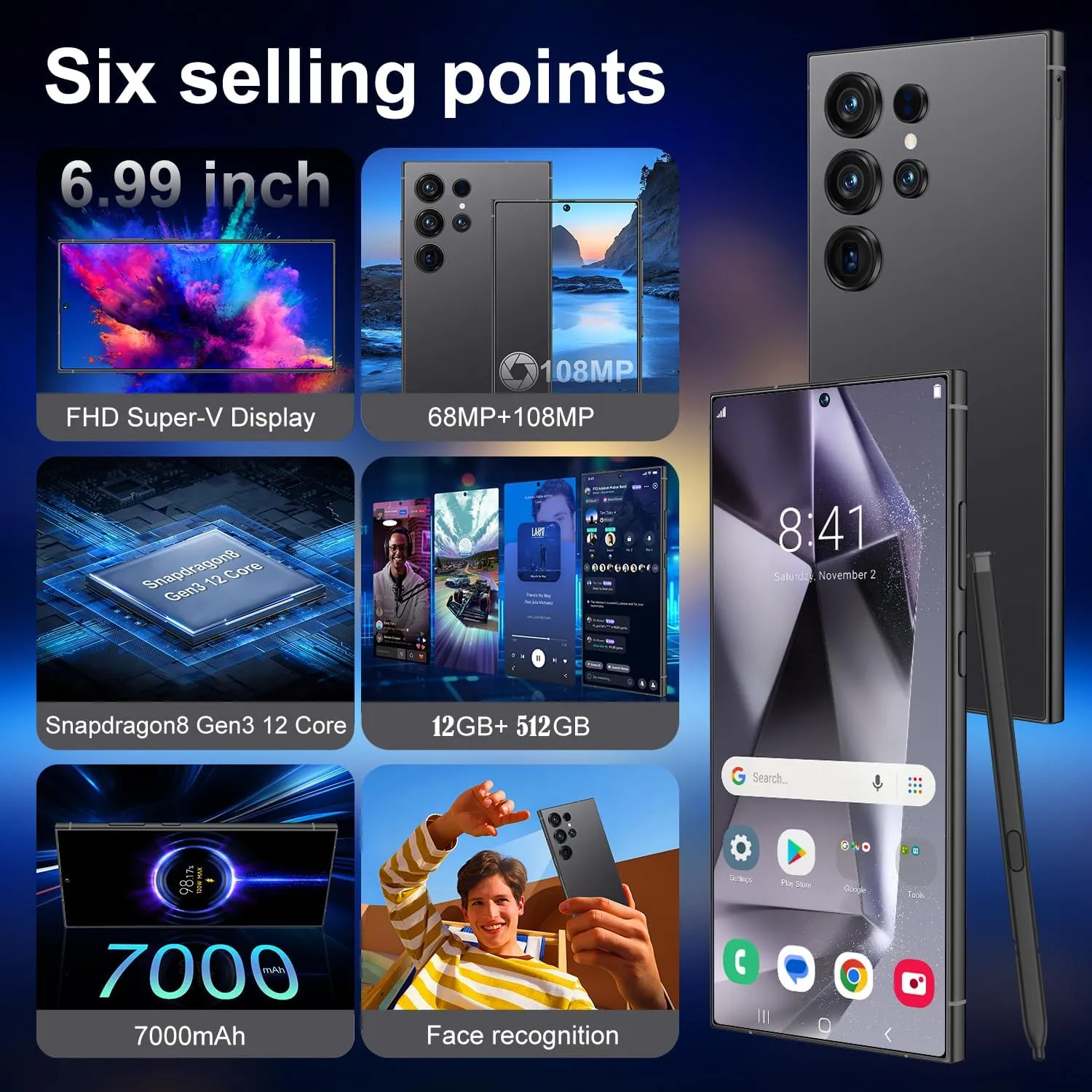 I25 Ultra Unlocked Phone,Android 14 12 512GB Smartphone,Built in Pen The Phone,Cell Phone Battery 7000mAh 6.99" HD Screen,Dual SIM/5G/Face ID/Fingerprint Lock/GPS (Black, 12 512G)