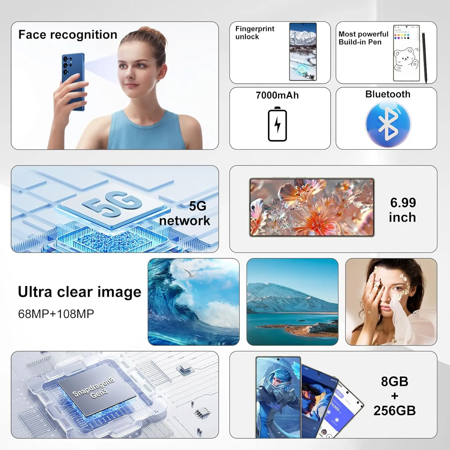 I25 Ultra Unlocked Smartphone 6.9" HD  Display 8 256GB Unlocked Phone,Snapdragon 8 Gen3 7000mAh Dual Speakers 5G Unlocked Phones,Face ID/Fingerprint Lock/GPS (Blue)