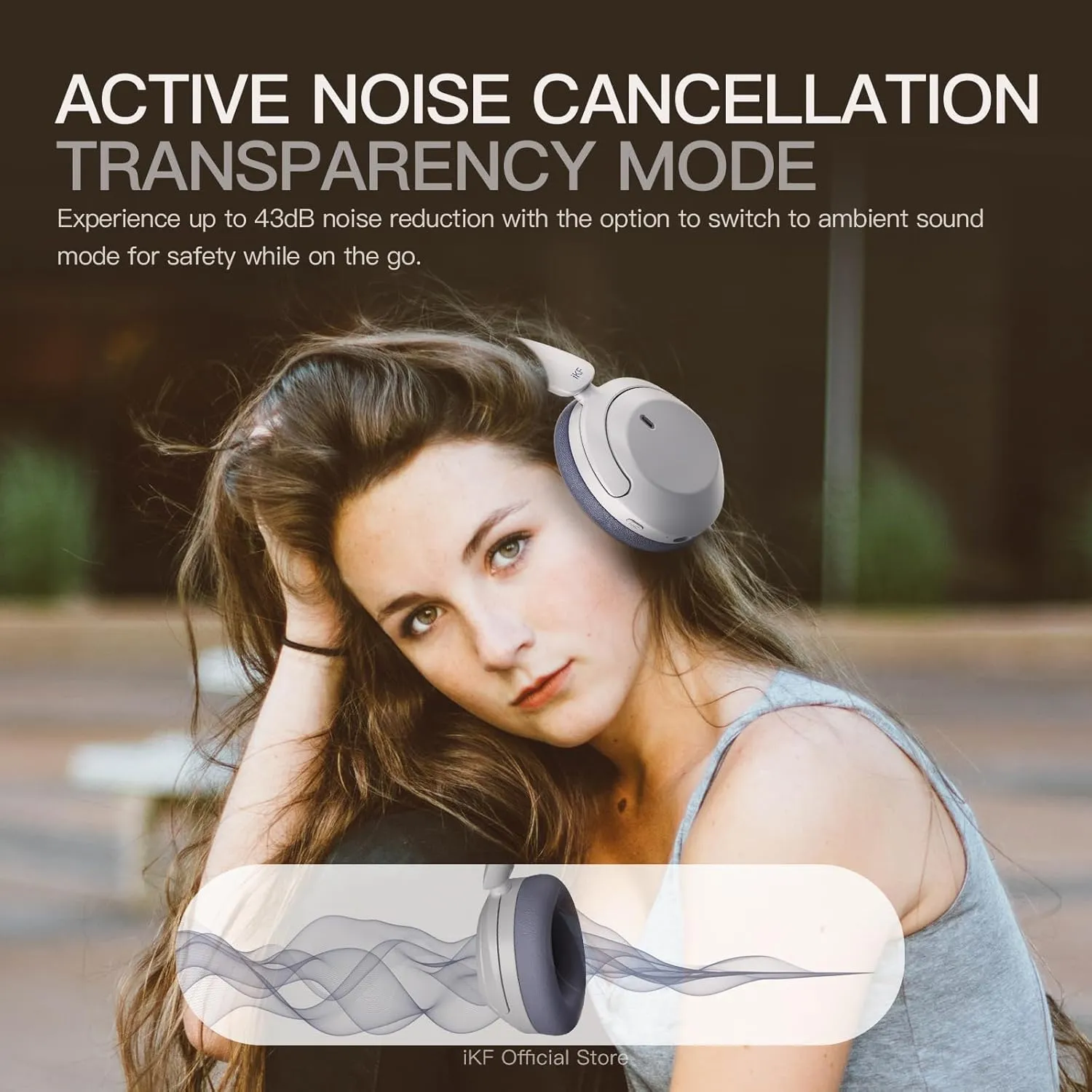 iKF T3 Wireless Bluetooth Over-Ear Headphones, 43dB Active Noise Cancelling, HiFi Sound with 3 EQ Modes, 125H Playback, Ambient Sound Mode, USB Wired Audio, Foldable Comfortable Design (Grayblue)