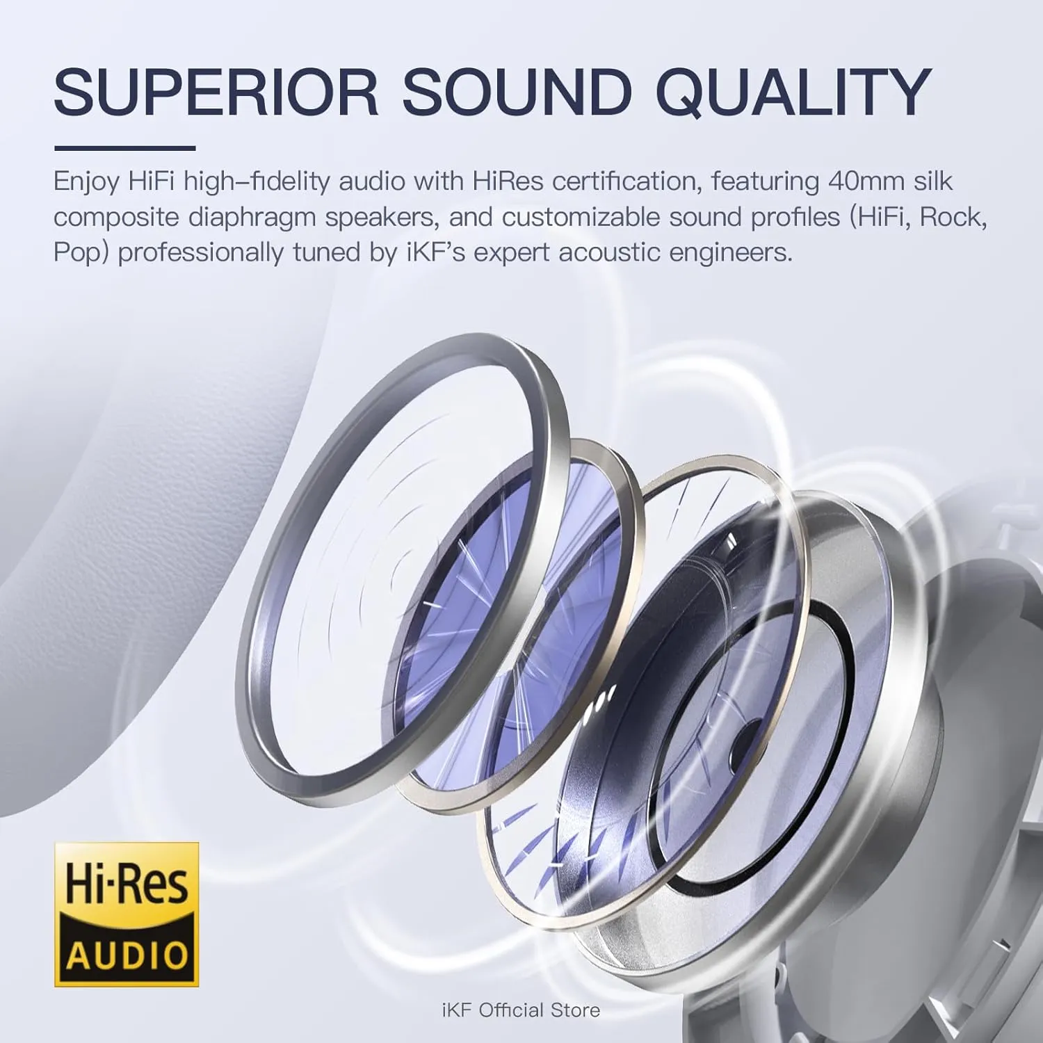 iKF T3 Wireless Bluetooth Over-Ear Headphones, 43dB Active Noise Cancelling, HiFi Sound with 3 EQ Modes, 125H Playback, Ambient Sound Mode, USB Wired Audio, Foldable Comfortable Design (Grayblue)